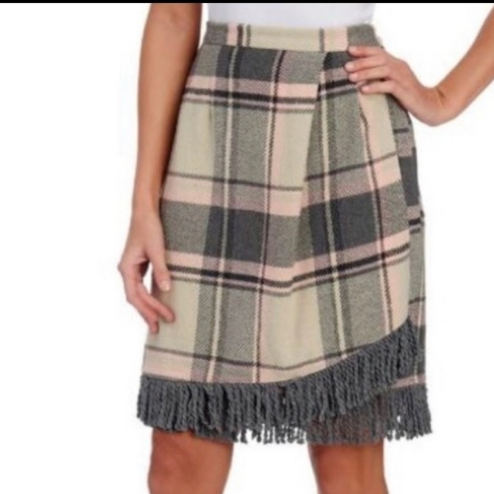 For cynthia plaid Fringe faux wrap skirt